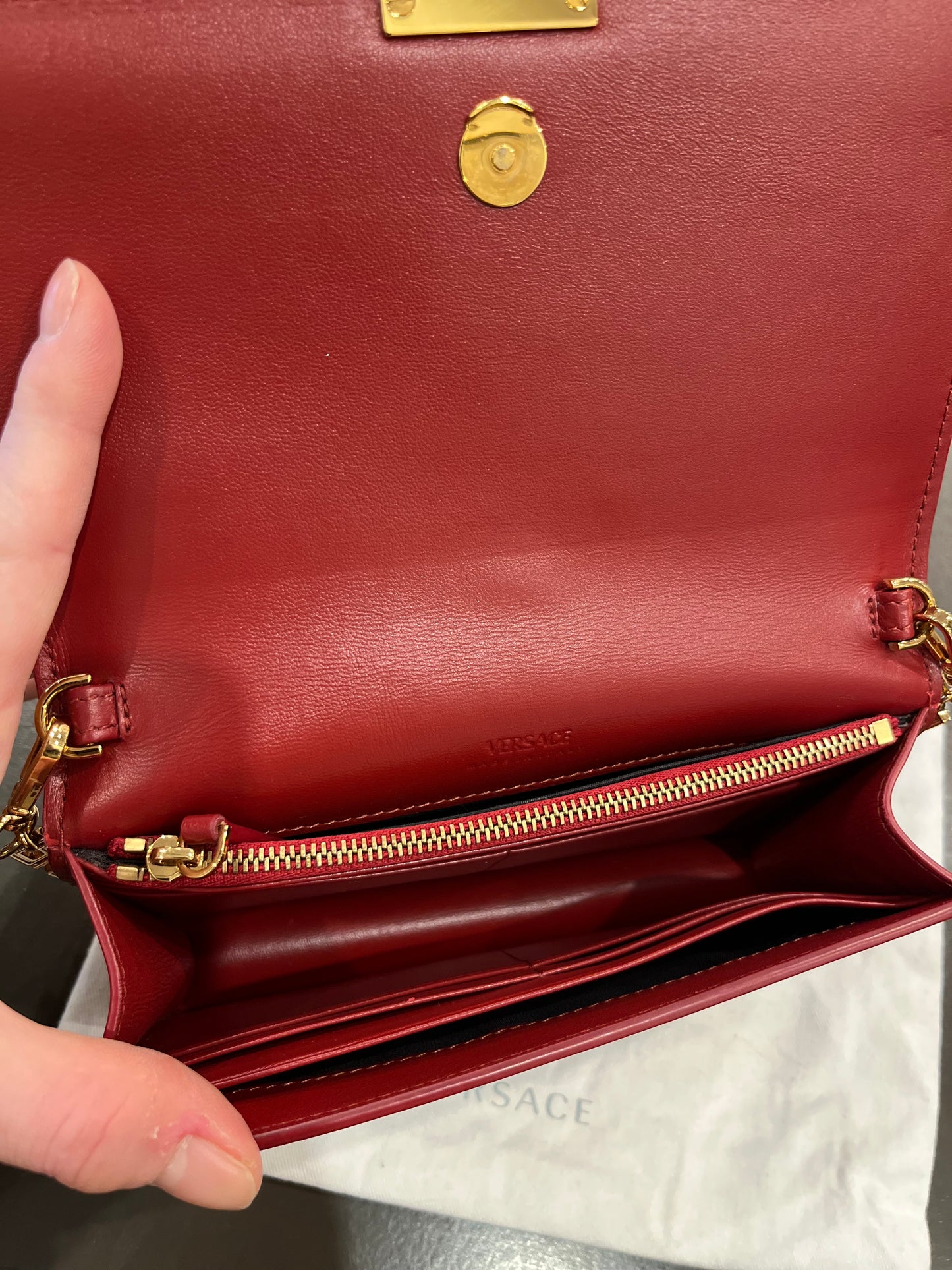 Versace La Greca Leather Clutch / Wallet on Chain – Red