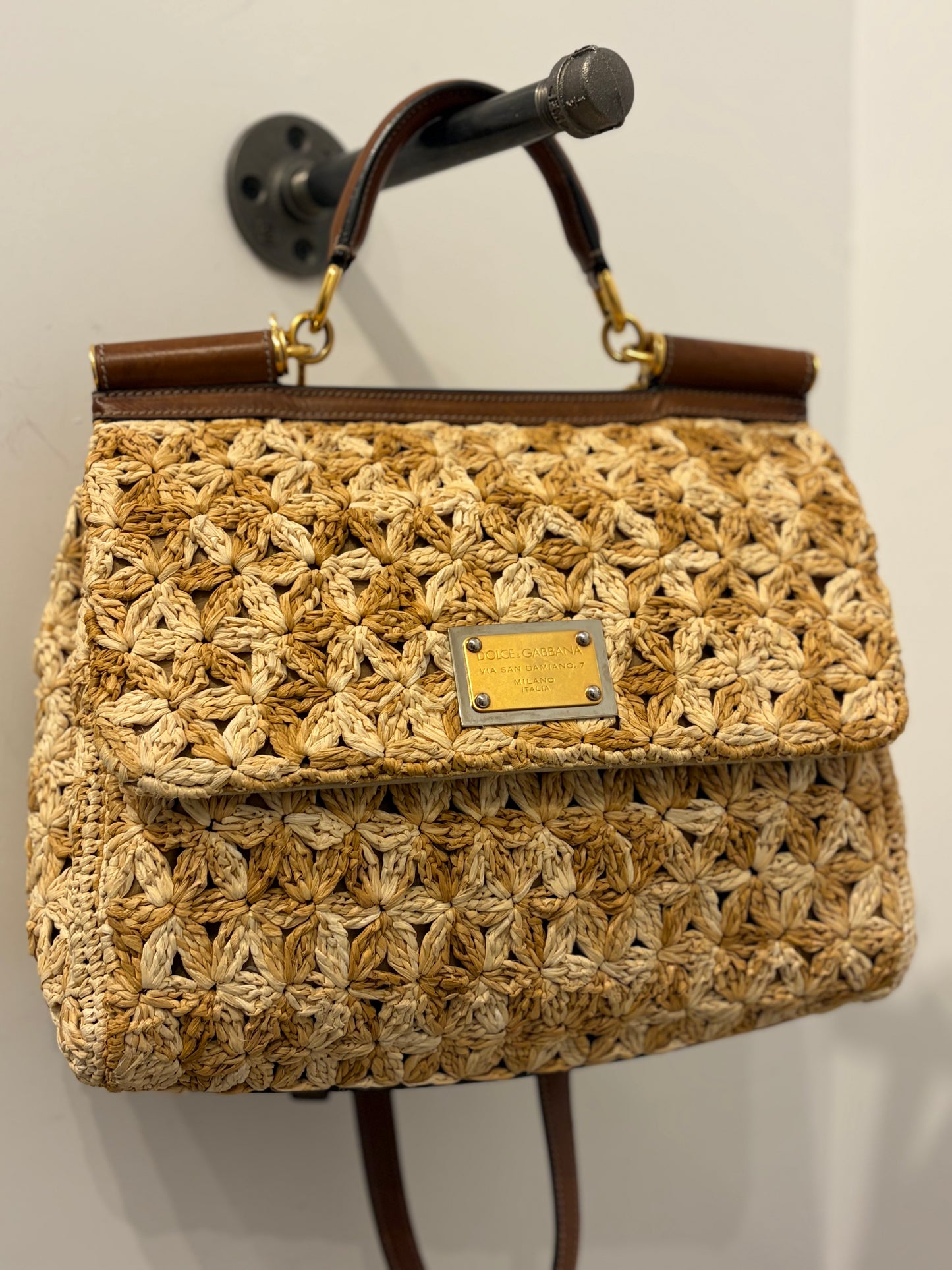 Dolce & Gabbana Raffia Woven Top Handle Satchel Brown Leather Handbag