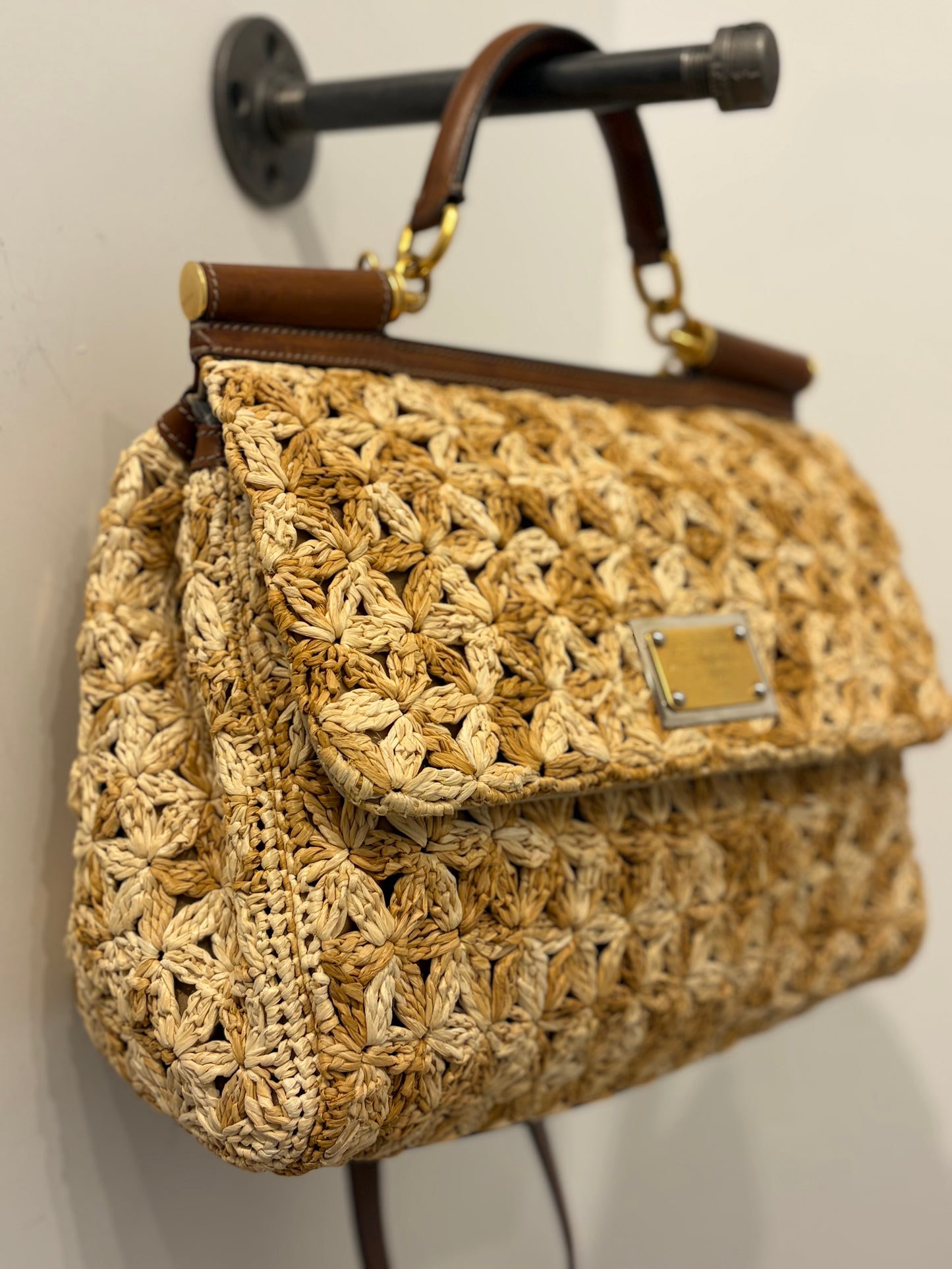 Dolce & Gabbana Raffia Woven Top Handle Satchel Brown Leather Handbag