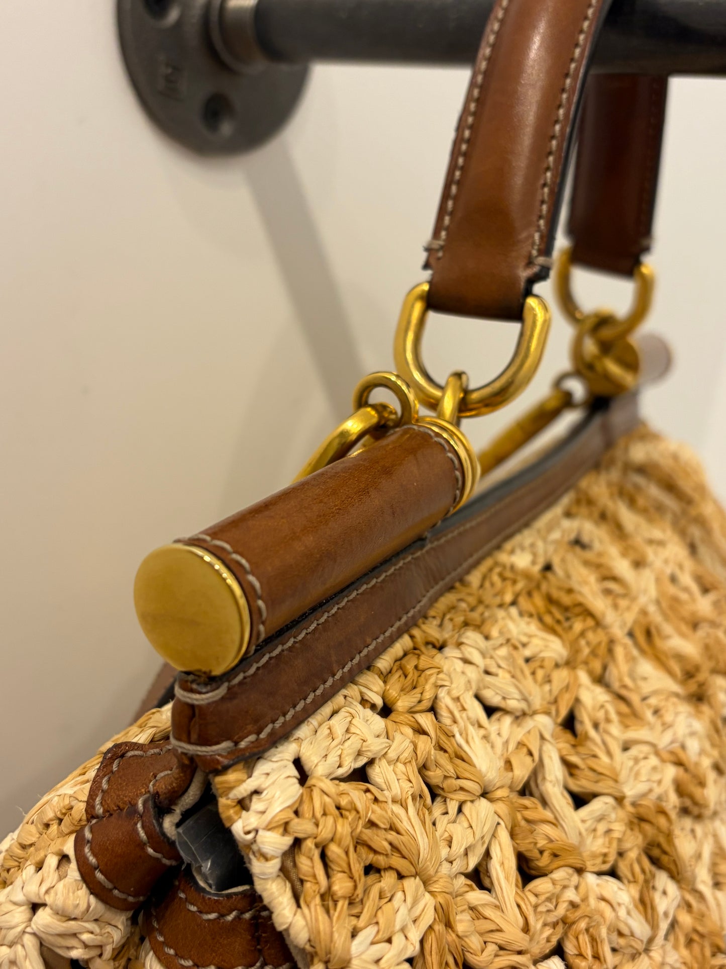 Dolce & Gabbana Raffia Woven Top Handle Satchel Brown Leather Handbag