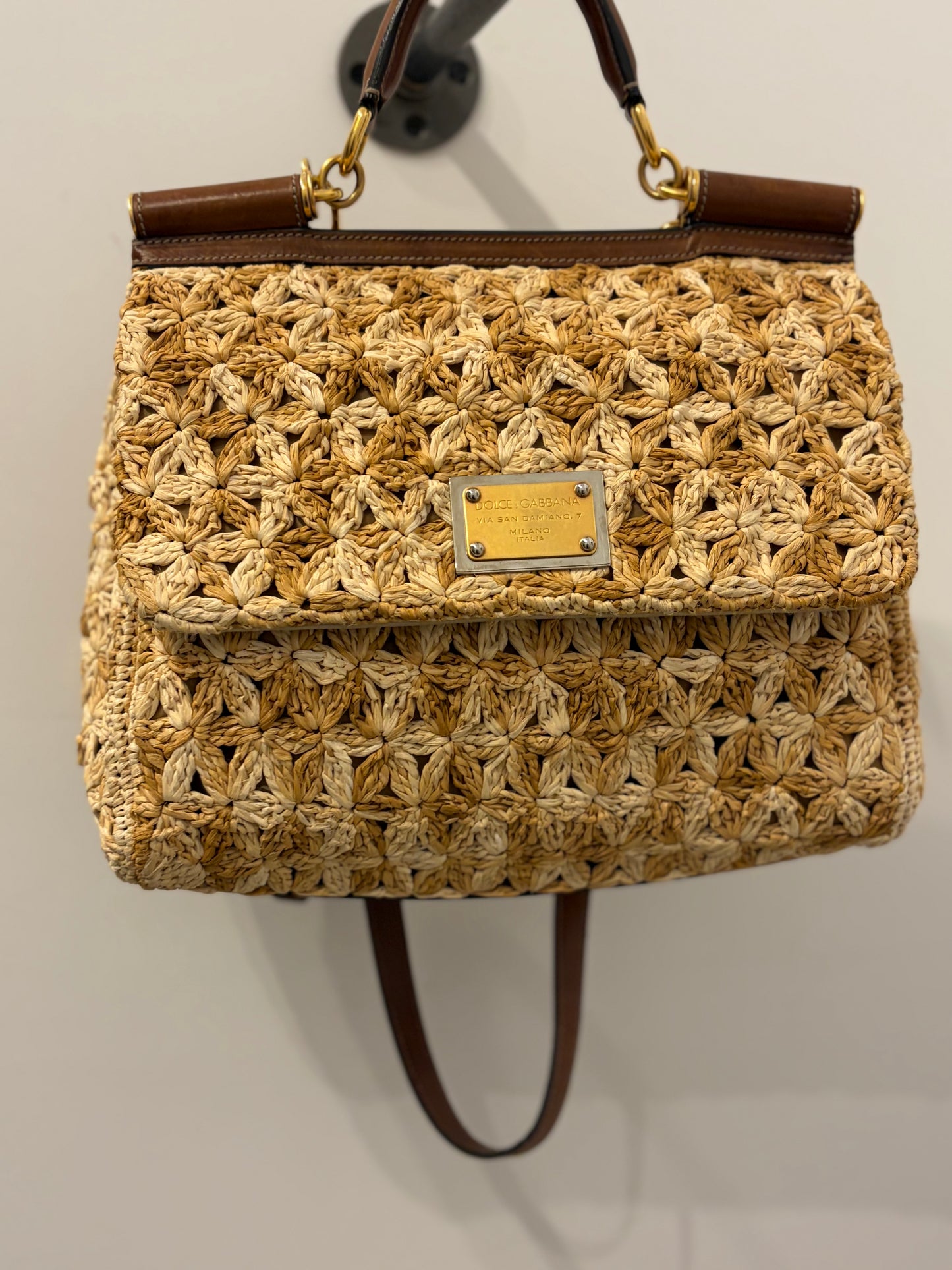 Dolce & Gabbana Raffia Woven Top Handle Satchel Brown Leather Handbag