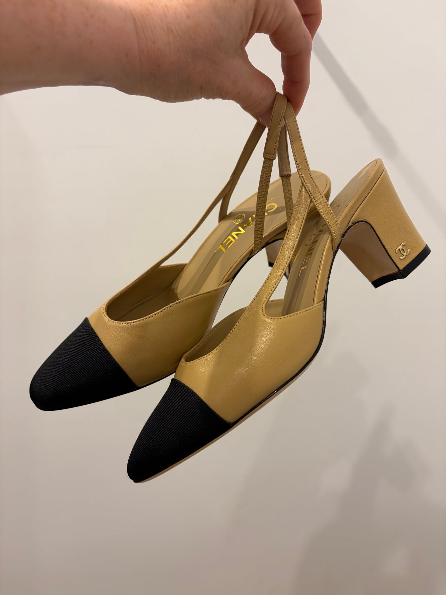 Chanel Classic Beige Black Cap Toe Slingback Pumps 38