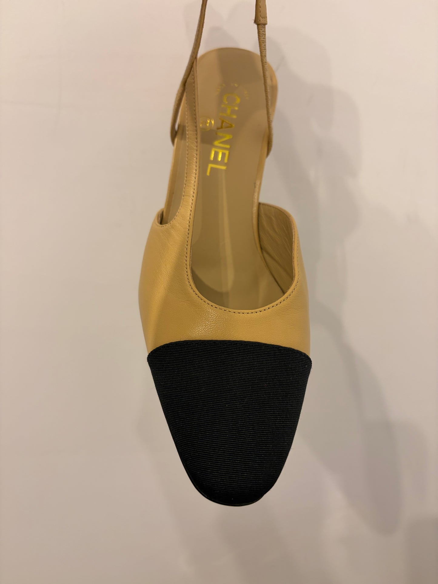 Chanel Classic Beige Black Cap Toe Slingback Pumps 38
