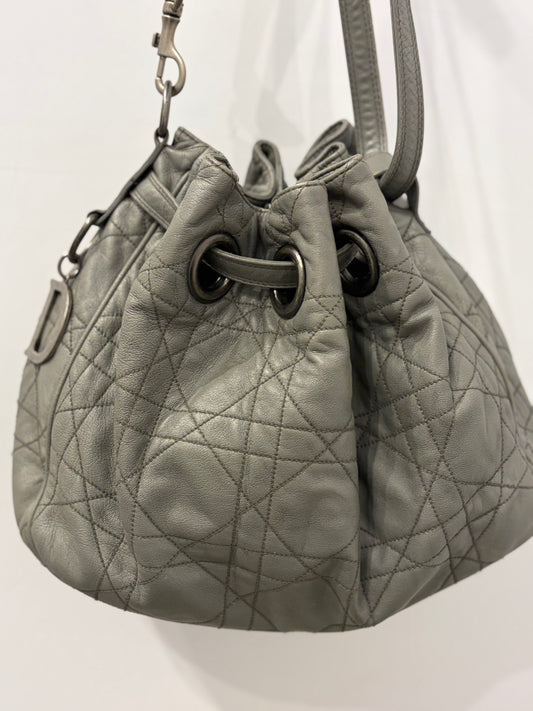 Christian Dior Cannage Gray Lambskin Drawstring Shoulder Bag