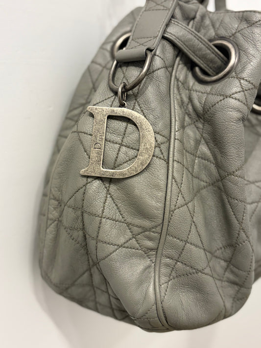 Christian Dior Cannage Gray Lambskin Drawstring Shoulder Bag