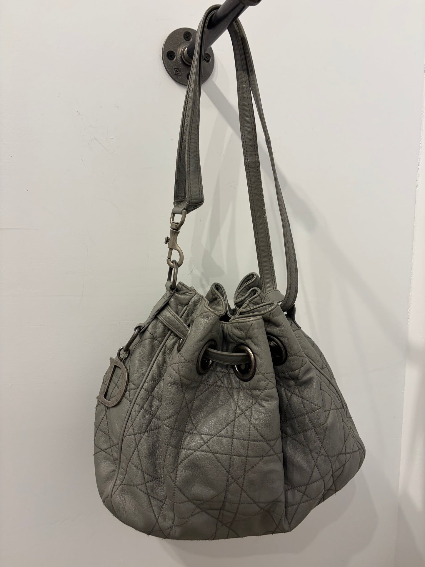 Christian Dior Cannage Gray Lambskin Drawstring Shoulder Bag