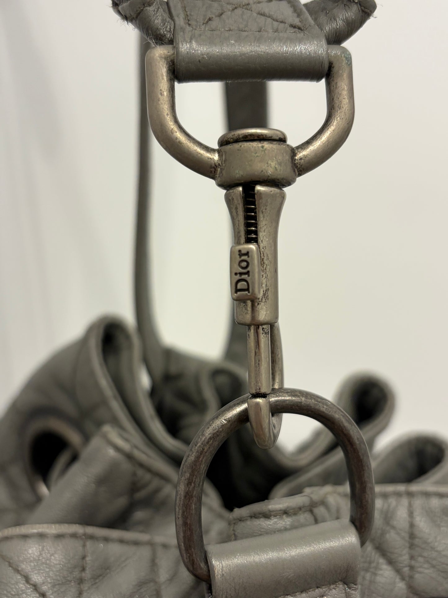 Christian Dior Cannage Gray Lambskin Drawstring Shoulder Bag