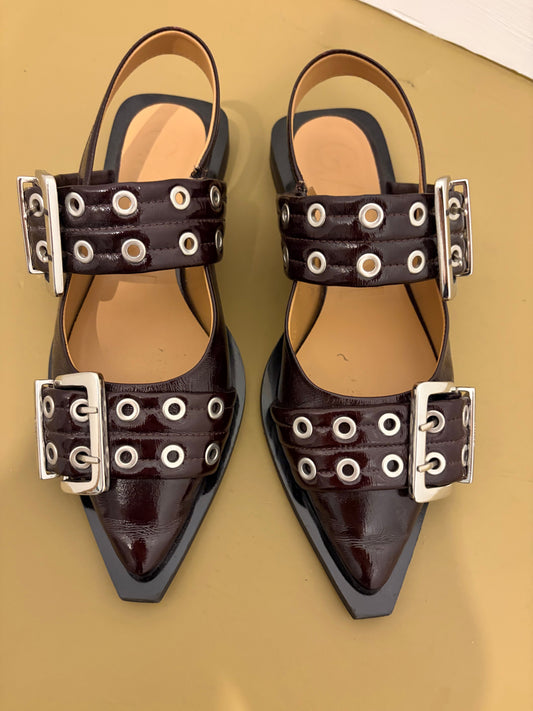 Ganni Burgundy Buckle Slingback Ballerinas 37
