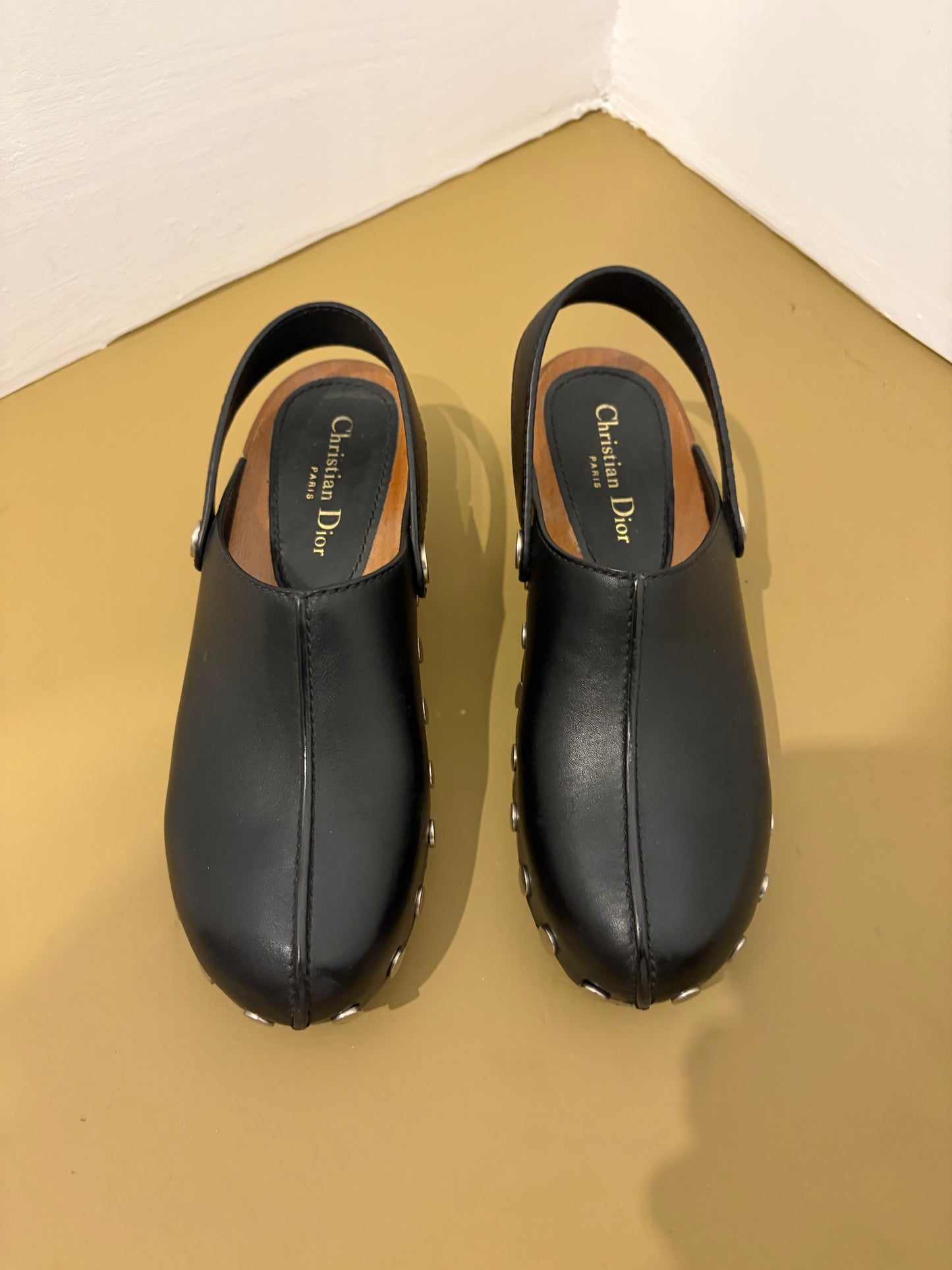 Christian Dior Black Leather Studded Wood Clogs Slingback Size 37