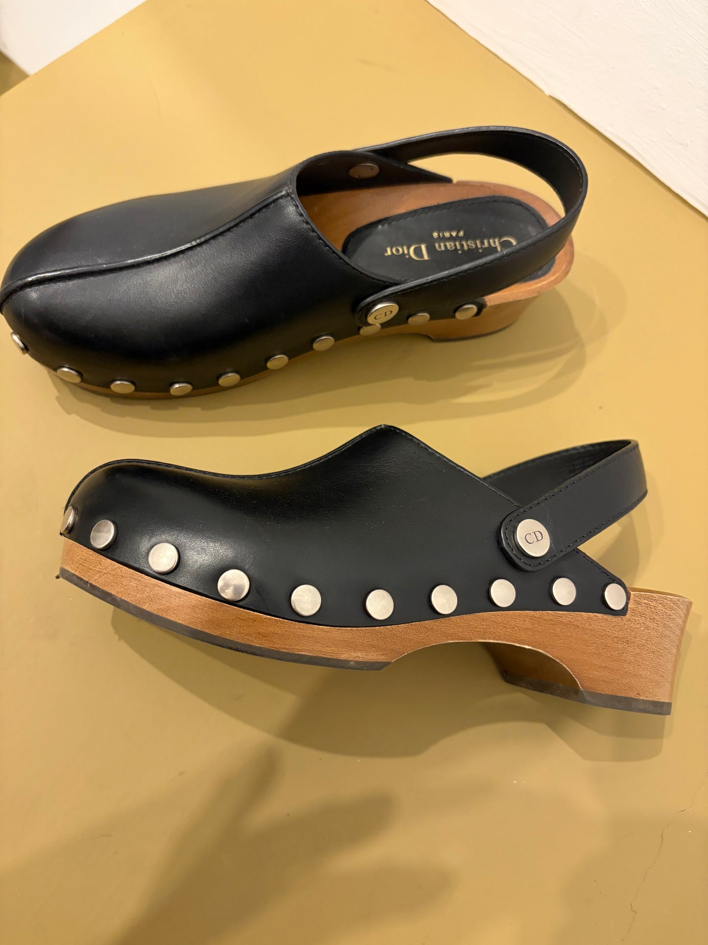 Christian Dior Black Leather Studded Wood Clogs Slingback Size 37