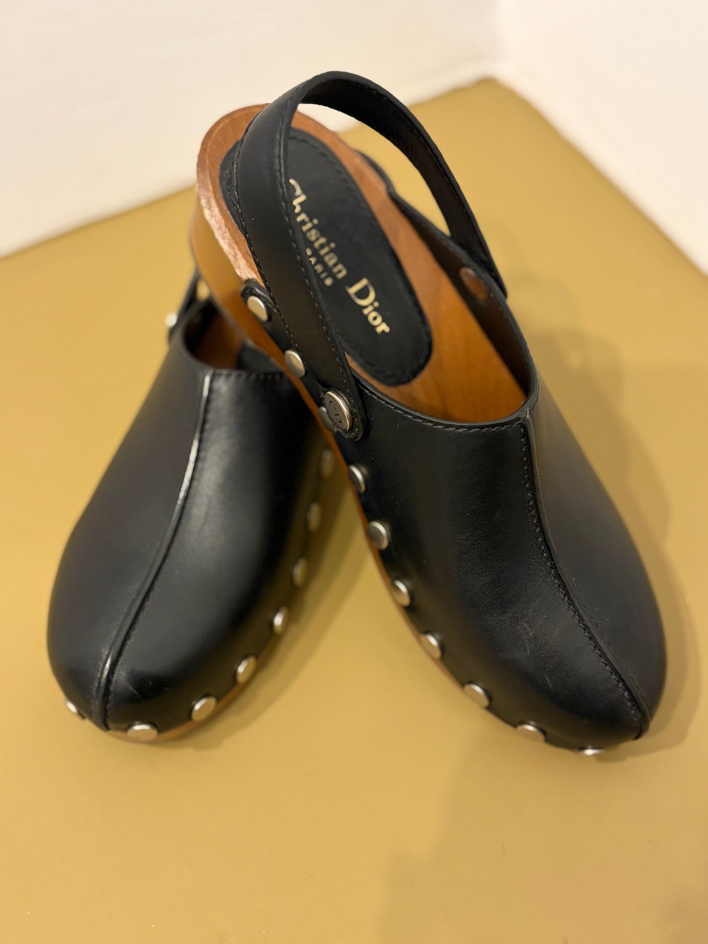 Christian Dior Black Leather Studded Wood Clogs Slingback Size 37
