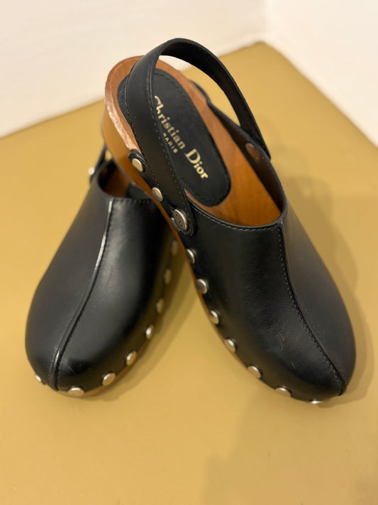 Christian Dior Black Leather Studded Wood Clogs Slingback Size 37