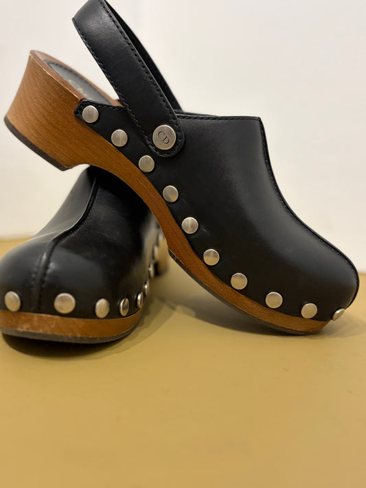 Christian Dior Black Leather Studded Wood Clogs Slingback Size 37