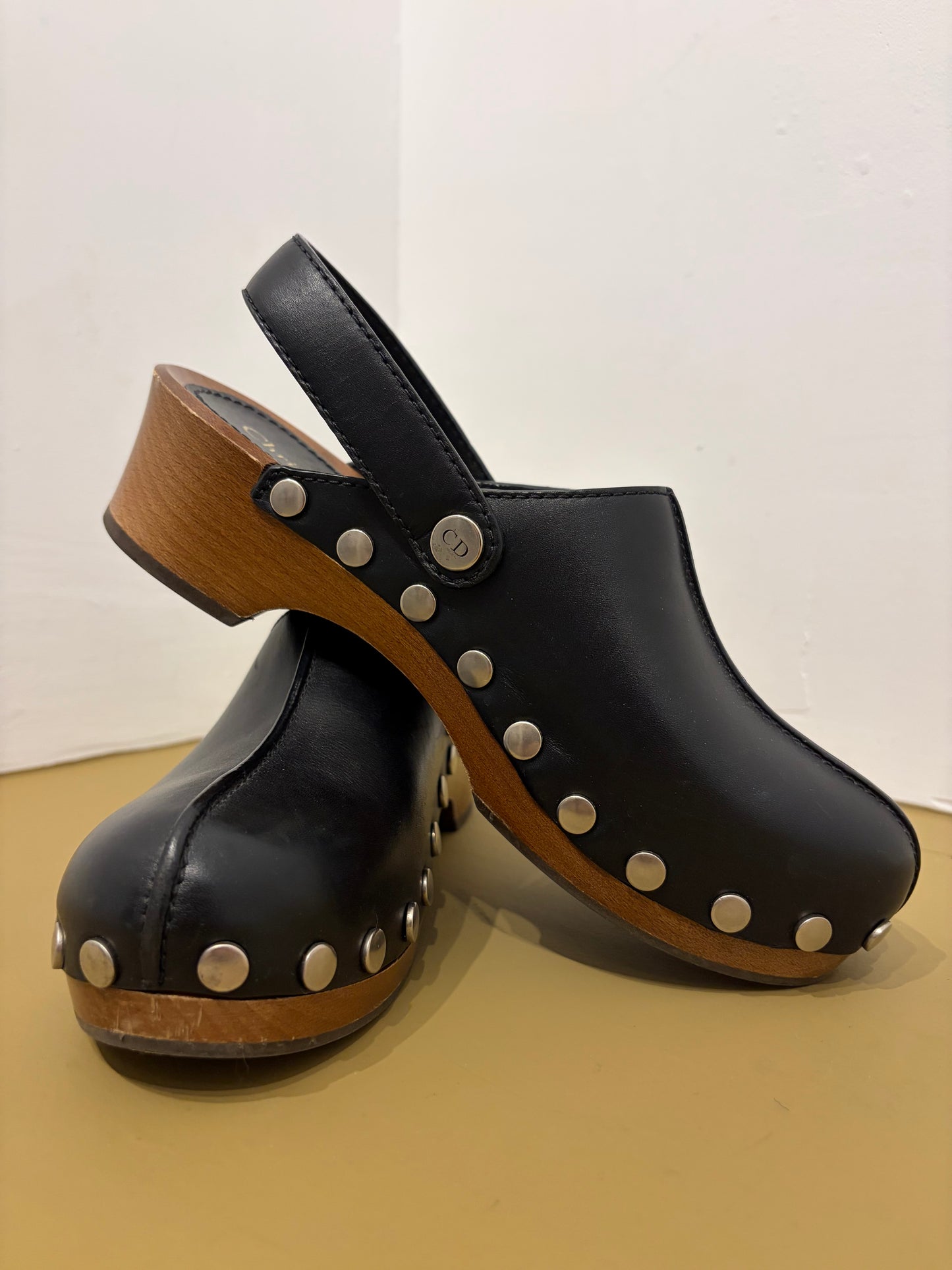 Christian Dior Black Leather Studded Wood Clogs Slingback Size 37