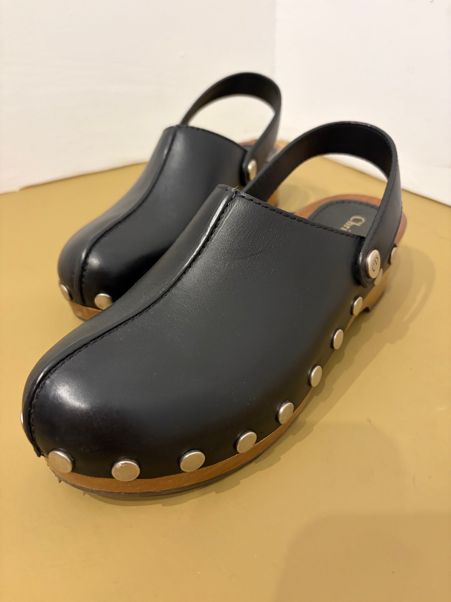Christian Dior Black Leather Studded Wood Clogs Slingback Size 37
