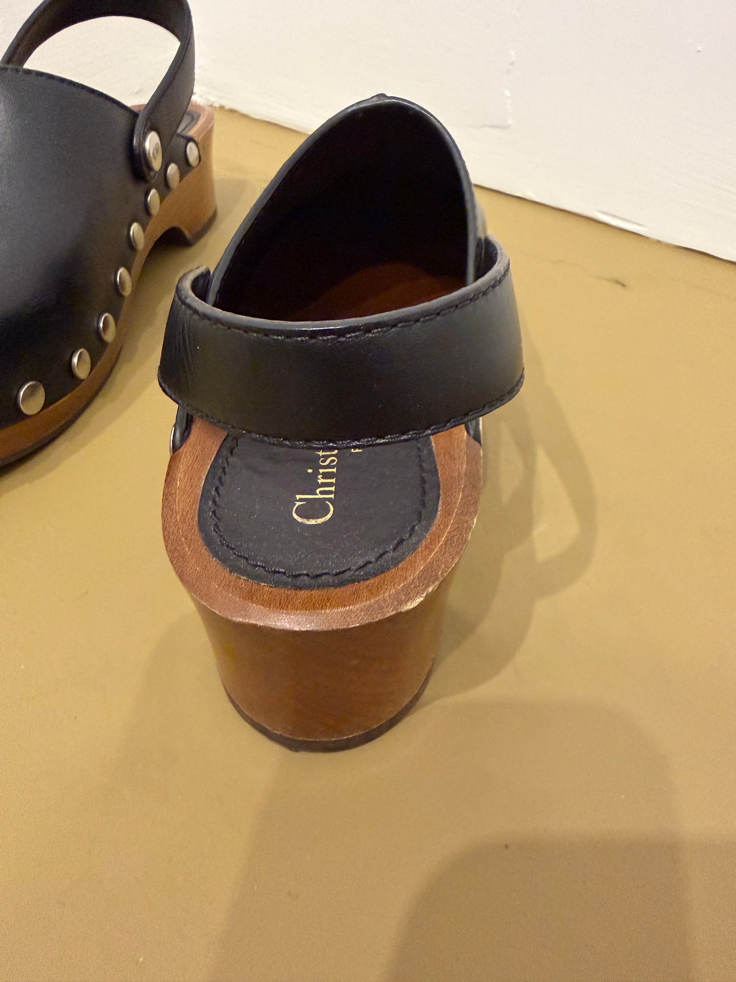 Christian Dior Black Leather Studded Wood Clogs Slingback Size 37