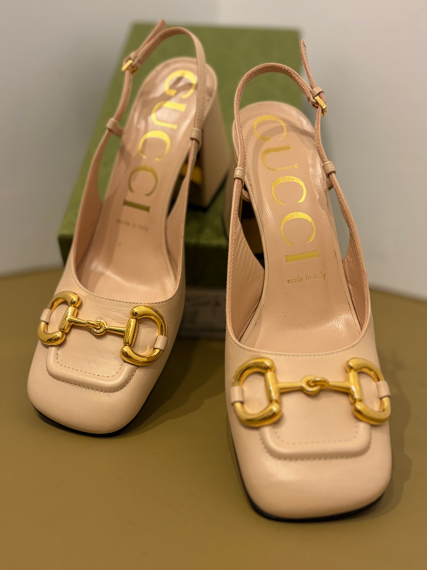 Gucci Beige Leather Horsebit Block Heel Slingbacks - 37.5