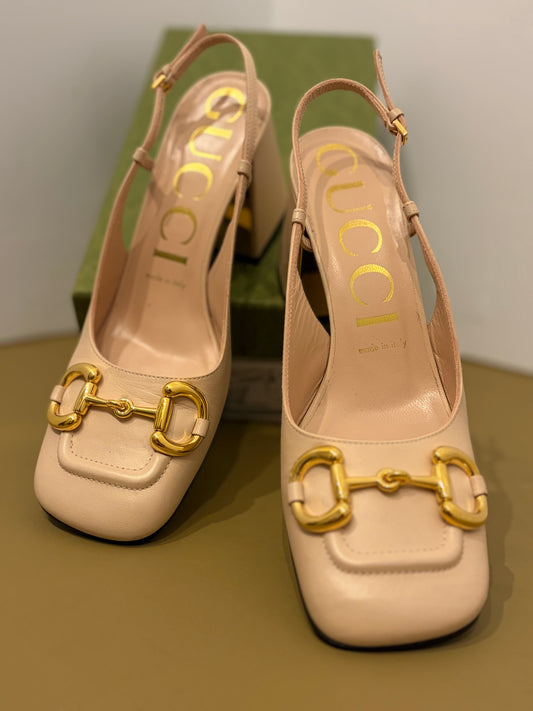 Gucci Beige Leather Horsebit Block Heel Slingbacks - 37.5