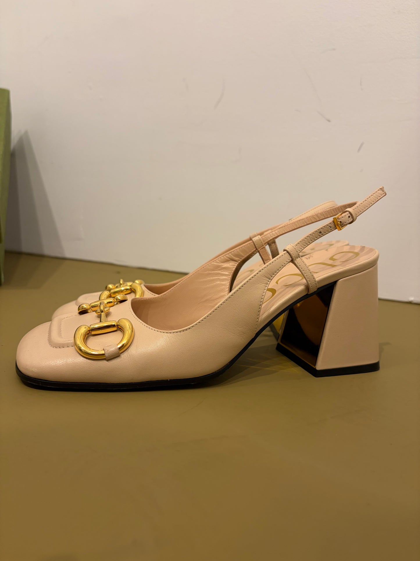 Gucci Beige Leather Horsebit Block Heel Slingbacks - 37.5