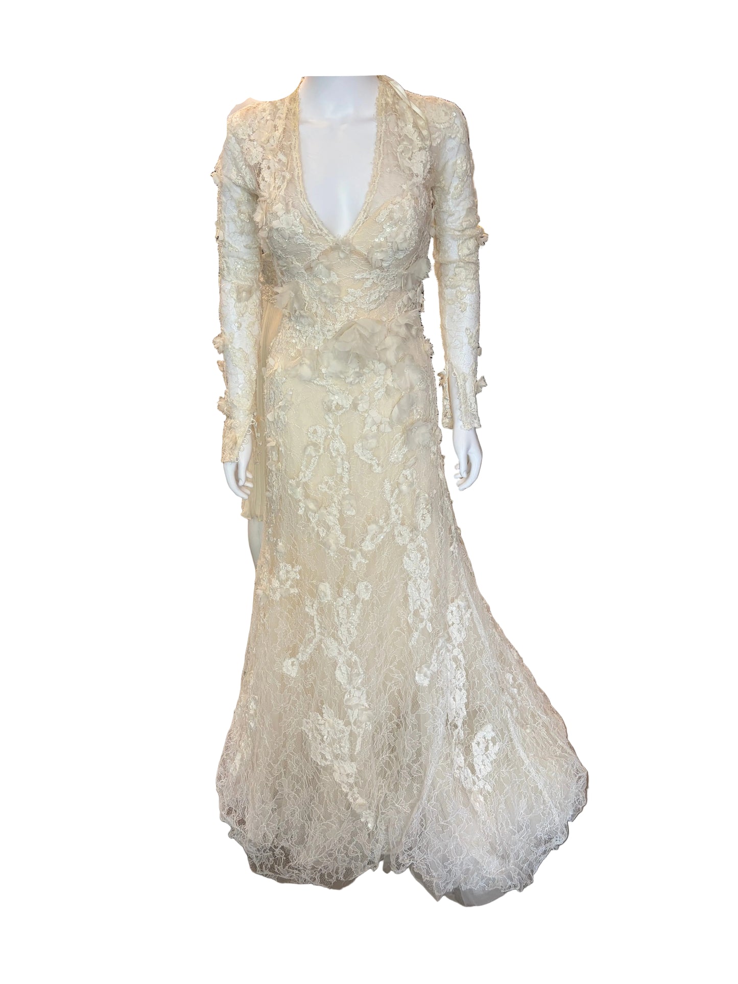 Elie by Elie Saab Ivory 3D Floral Lace Mermaid Wedding Gown Illusion Bridal Dress Size 0