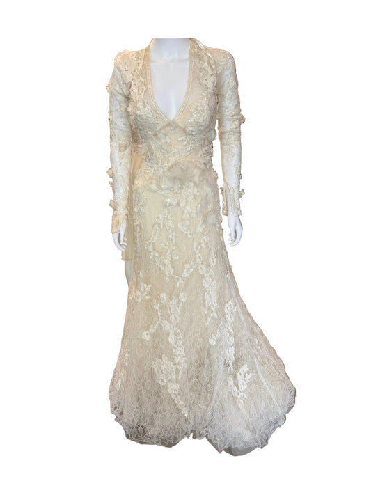 Elie by Elie Saab Ivory 3D Floral Lace Mermaid Wedding Gown Illusion Bridal Dress Size 0