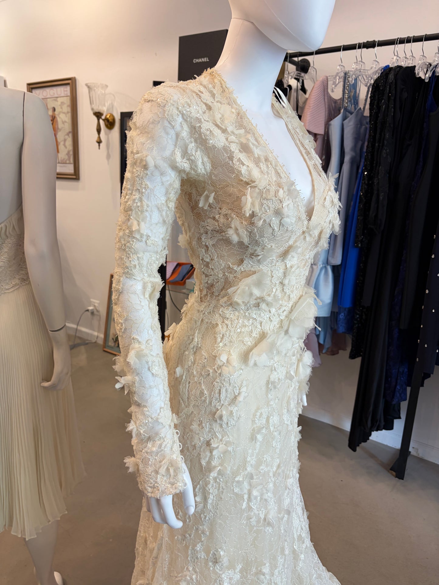 Elie by Elie Saab Ivory 3D Floral Lace Mermaid Wedding Gown Illusion Bridal Dress Size 0