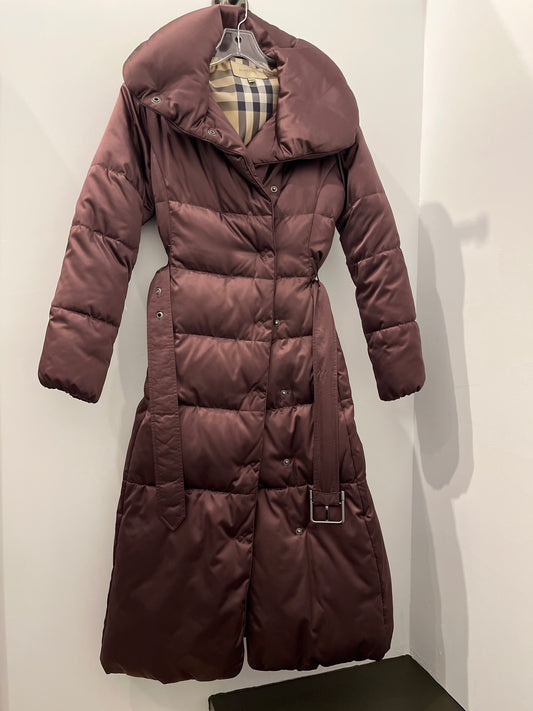 Burberry London women’s plum long down puffer coat XS