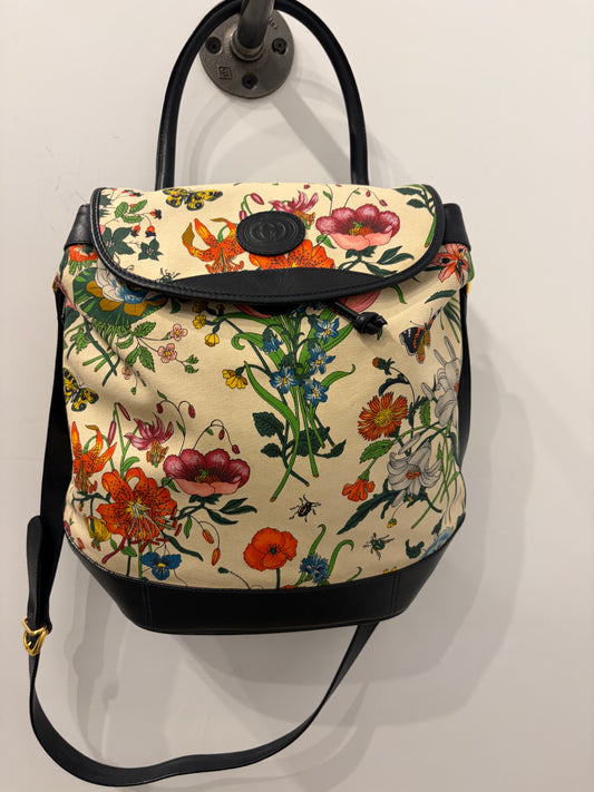 Vintage Gucci Flora Canvas & Navy Leather Drawstring Backpack