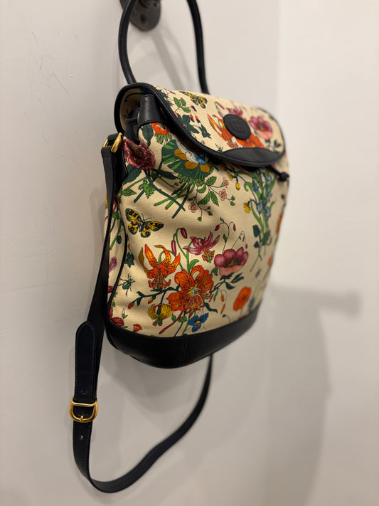 Vintage Gucci Flora Canvas & Navy Leather Drawstring Backpack