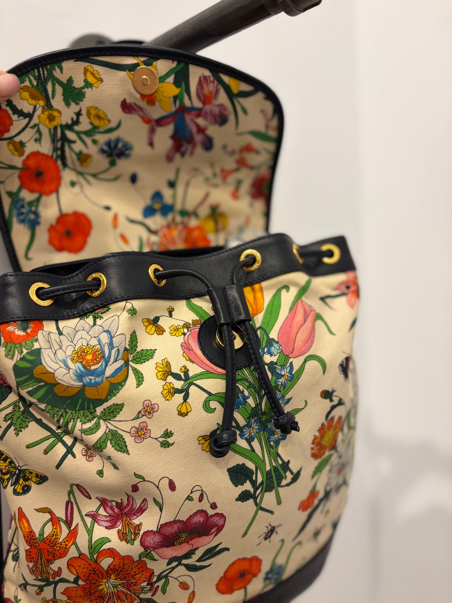 Vintage Gucci Flora Canvas & Navy Leather Drawstring Backpack