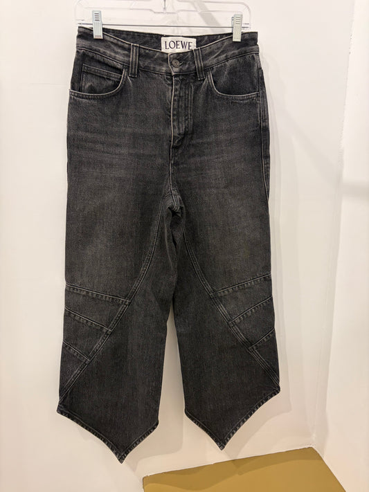Loewe Anagram Washed Black Asymmetric Cropped Jeans - Size 38