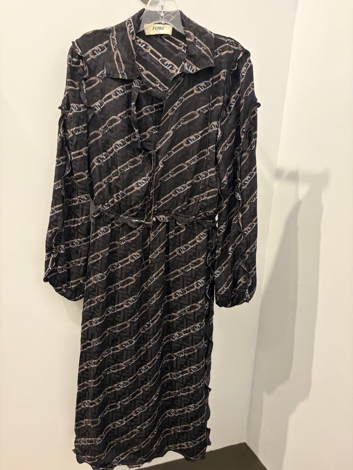 Fendi Roma O'Lock Chain Print Silk Blend Midi Dress - Small (US2)