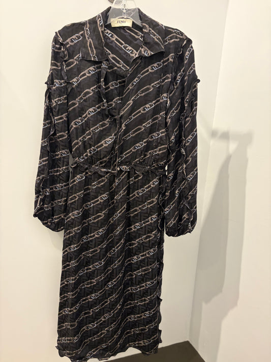 Fendi Roma O'Lock Chain Print Silk Blend Midi Dress - Small (US2)