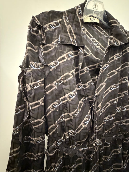 Fendi Roma O'Lock Chain Print Silk Blend Midi Dress - Small (US2)
