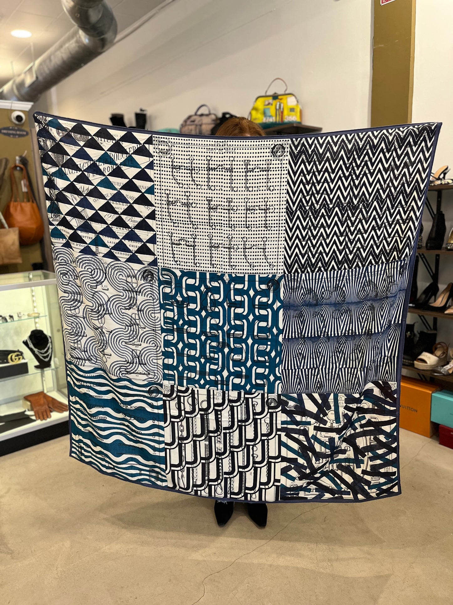 Hermès Cashmere & Silk Shawl 140 Blue Geometric Patchwork Design