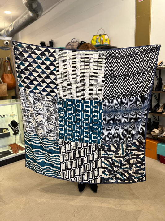 Hermès Cashmere & Silk Shawl 140 Blue Geometric Patchwork Design