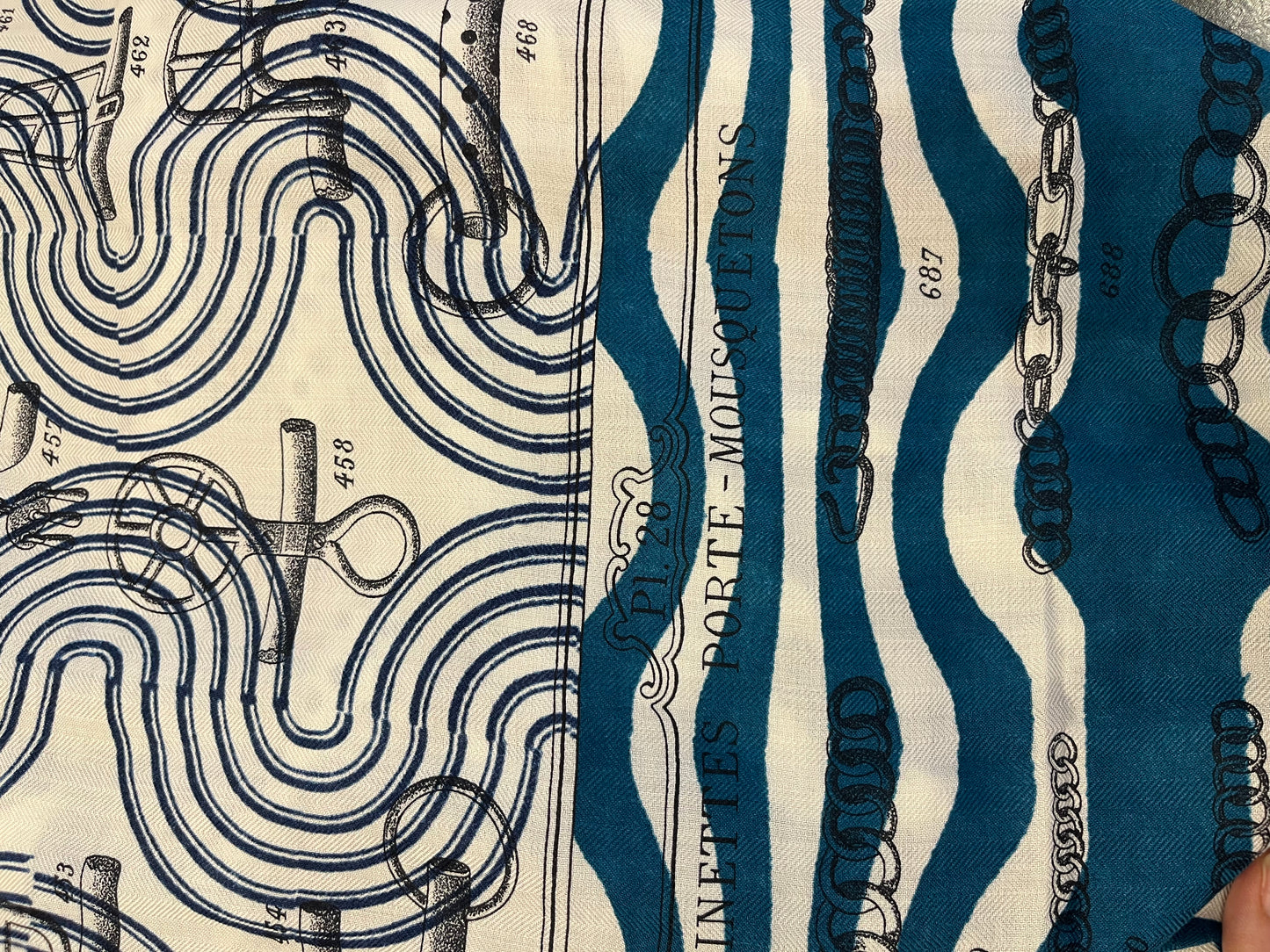 Hermès Cashmere & Silk Shawl 140 Blue Geometric Patchwork Design