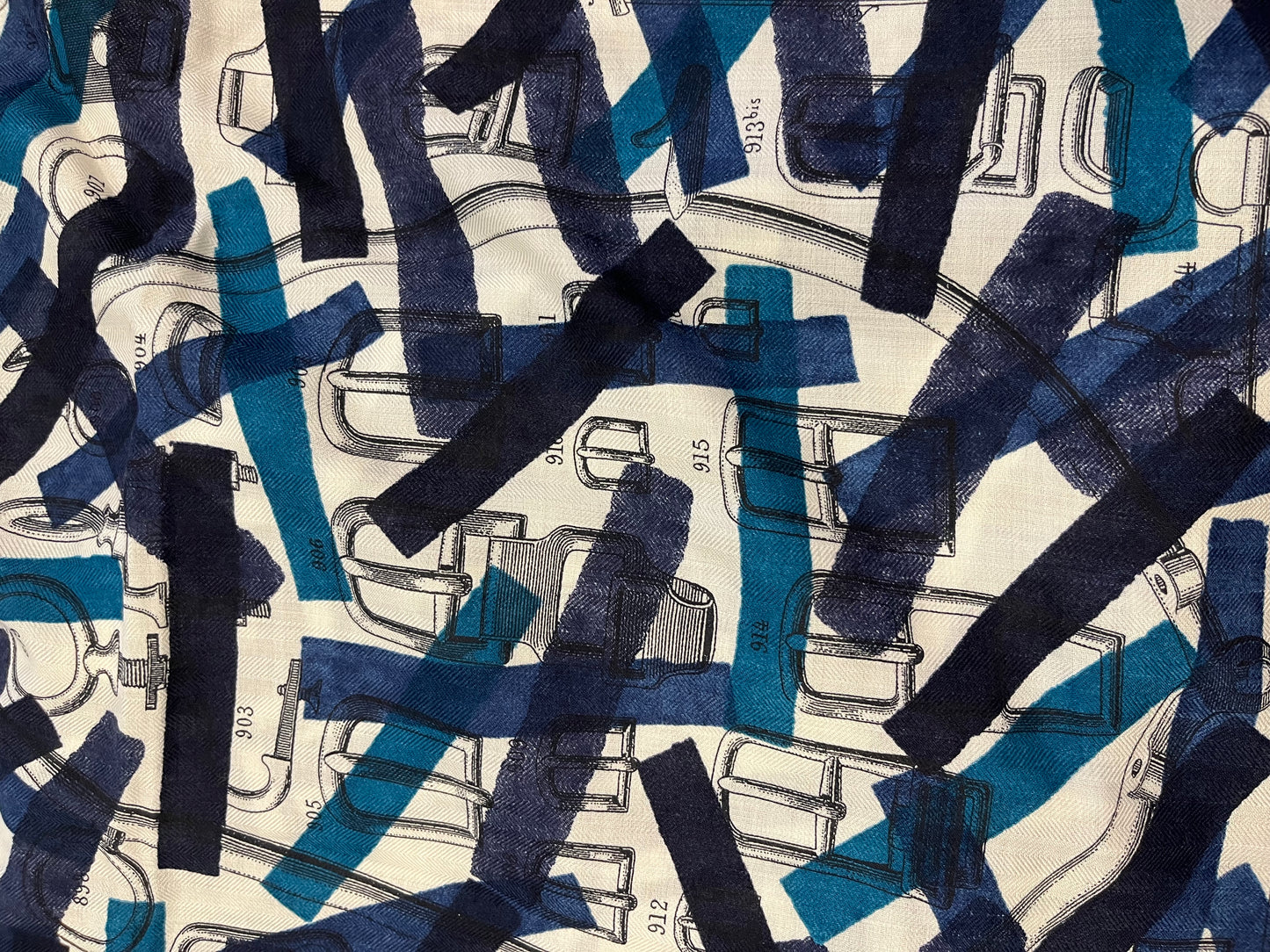 Hermès Cashmere & Silk Shawl 140 Blue Geometric Patchwork Design