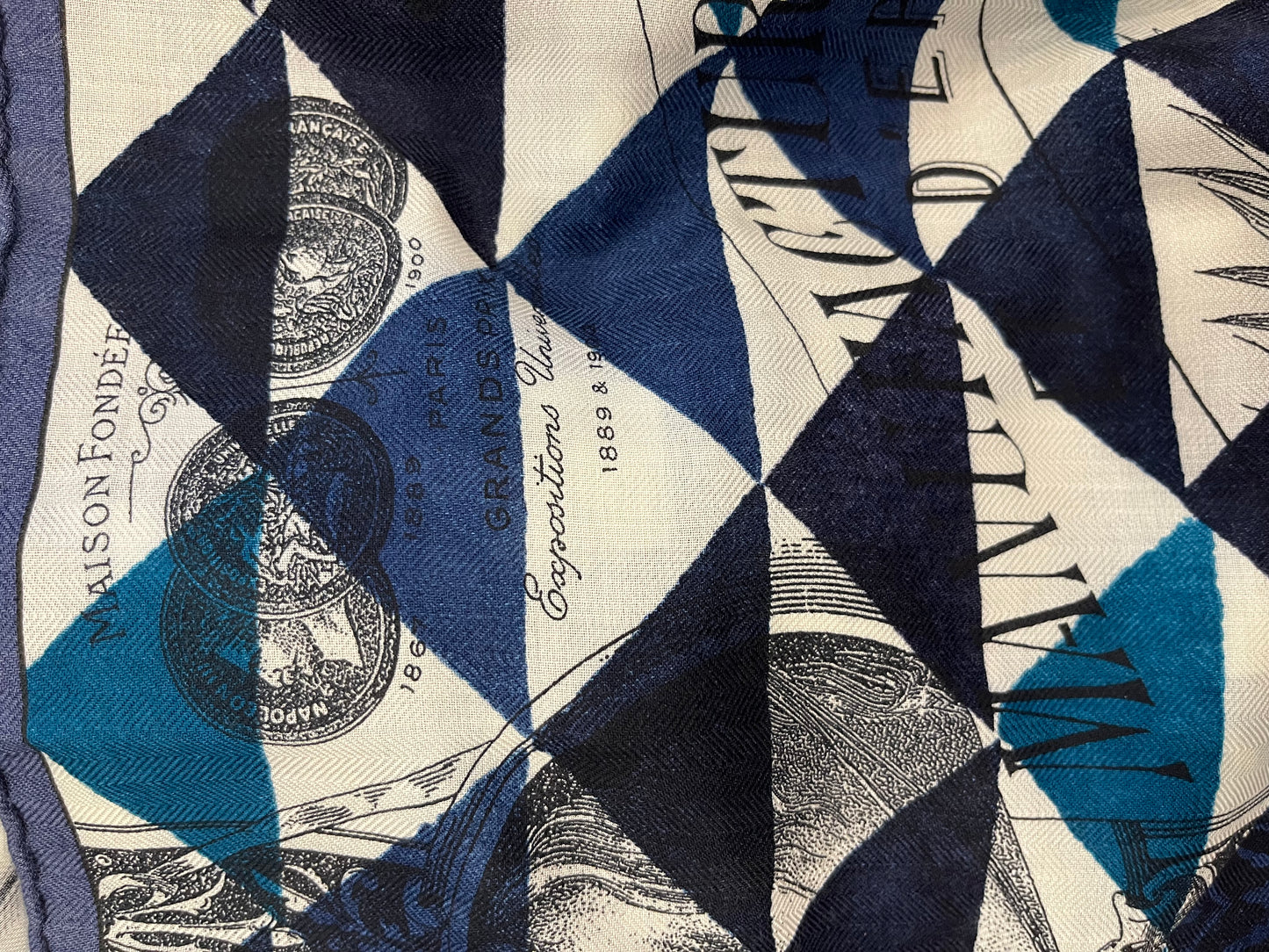 Hermès Cashmere & Silk Shawl 140 Blue Geometric Patchwork Design