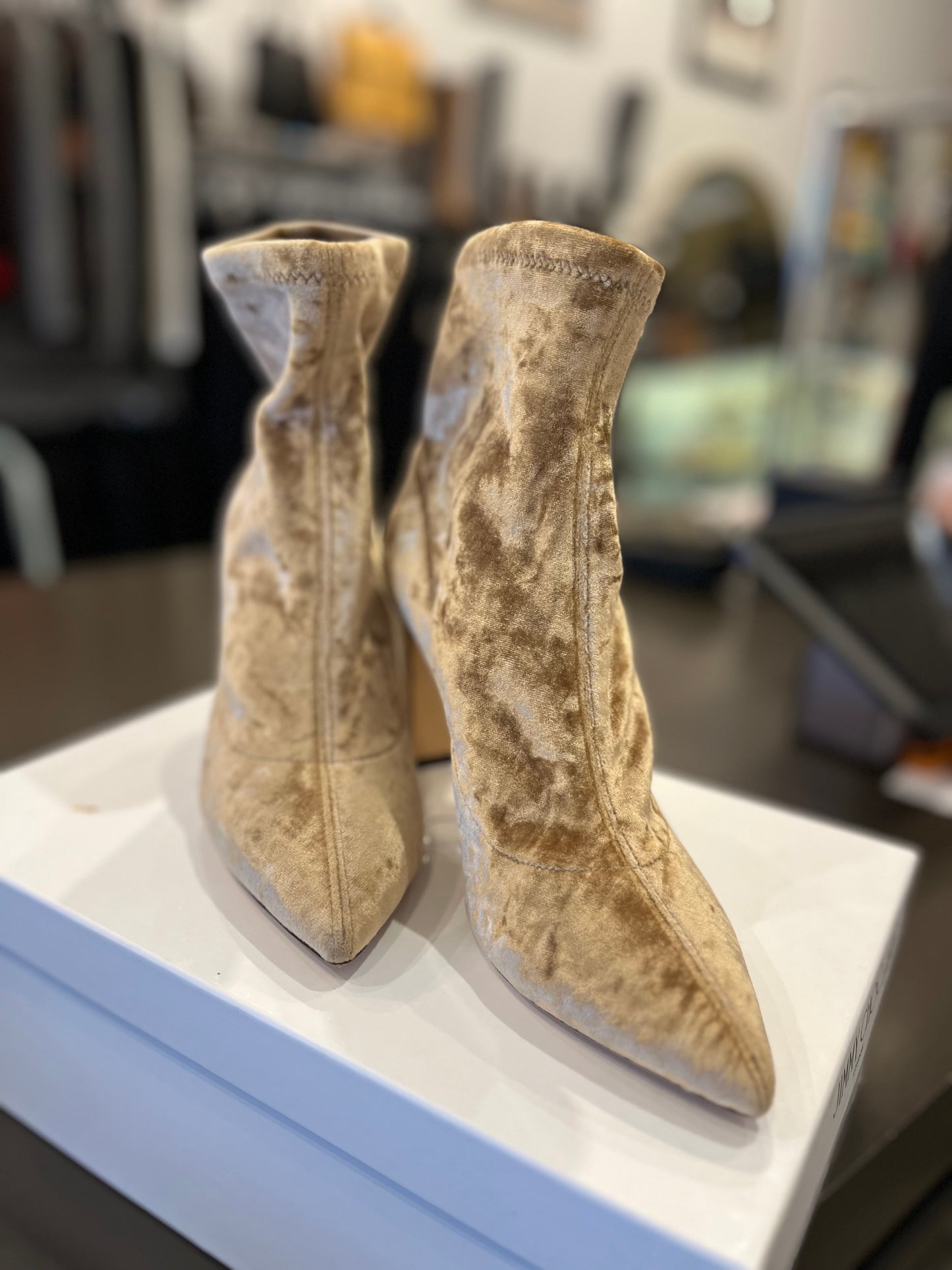 Jimmy Choo Stretch Velvet Sock Booties – Champagne 37
