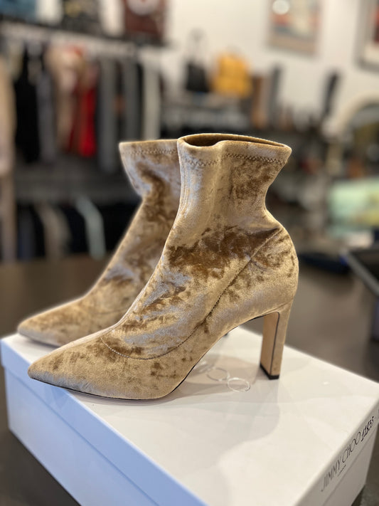 Jimmy Choo Stretch Velvet Sock Booties – Champagne 37