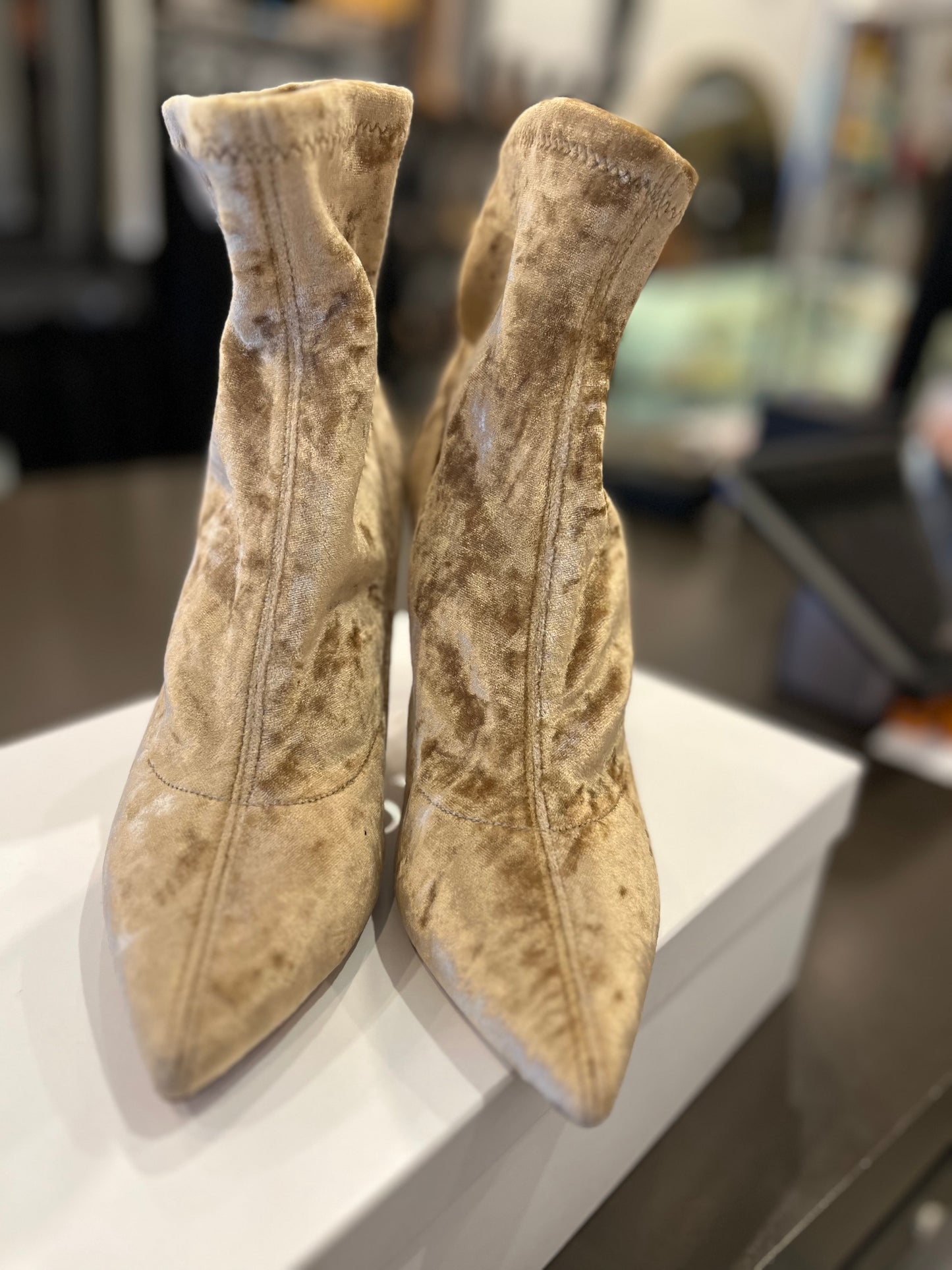 Jimmy Choo Stretch Velvet Sock Booties – Champagne 37