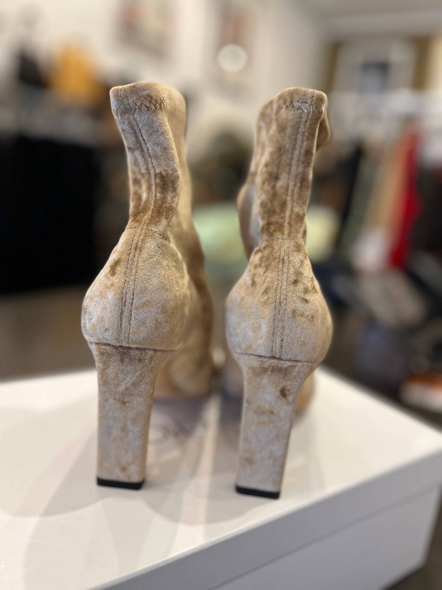 Jimmy Choo Stretch Velvet Sock Booties – Champagne 37