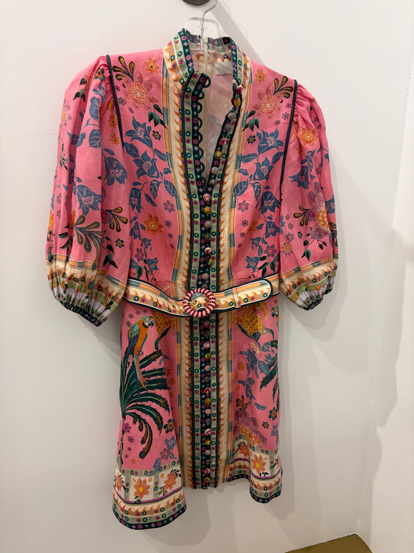 Zimmerman Pink Tropical Floral Linen Mini Dress with Belt/Puff Sleeve - Size 0