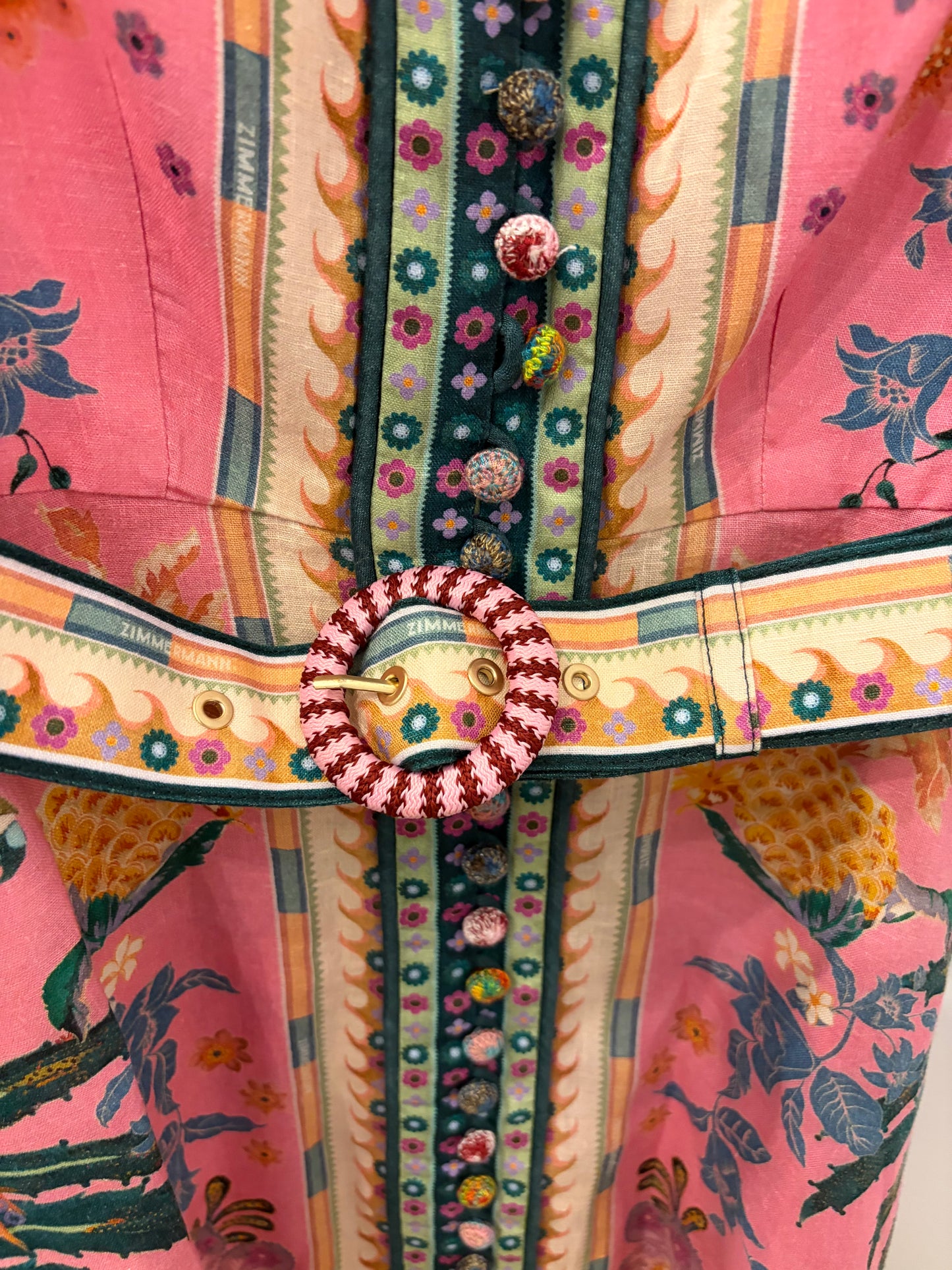 Zimmerman Pink Tropical Floral Linen Mini Dress with Belt/Puff Sleeve - Size 0