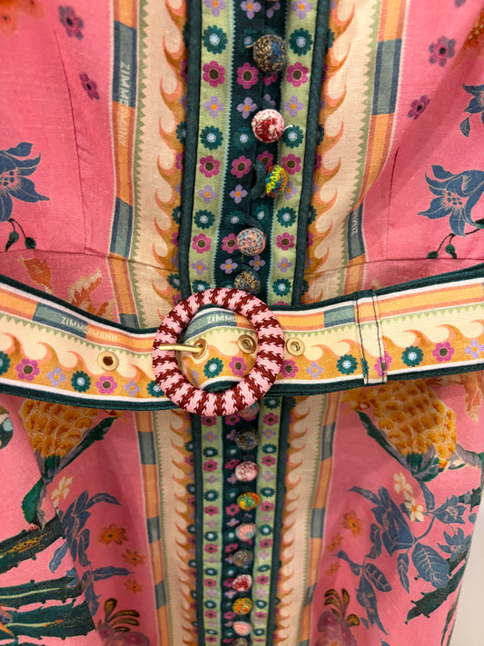 Zimmerman Pink Tropical Floral Linen Mini Dress with Belt/Puff Sleeve - Size 0