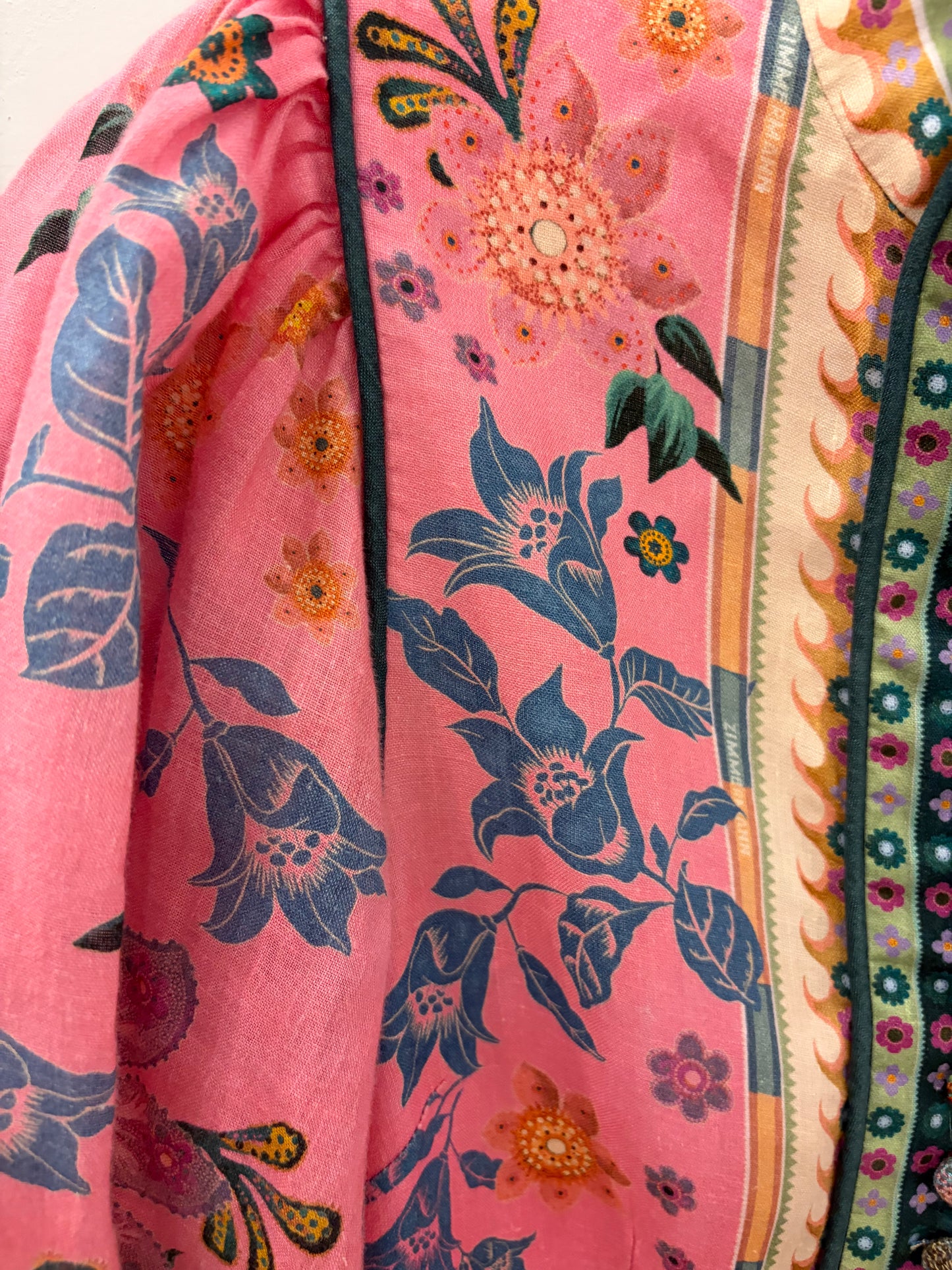 Zimmerman Pink Tropical Floral Linen Mini Dress with Belt/Puff Sleeve - Size 0