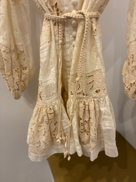 Zimmerman Ivory Patchwork Lace Mini Dress Rope Belt w/shells - Size 0