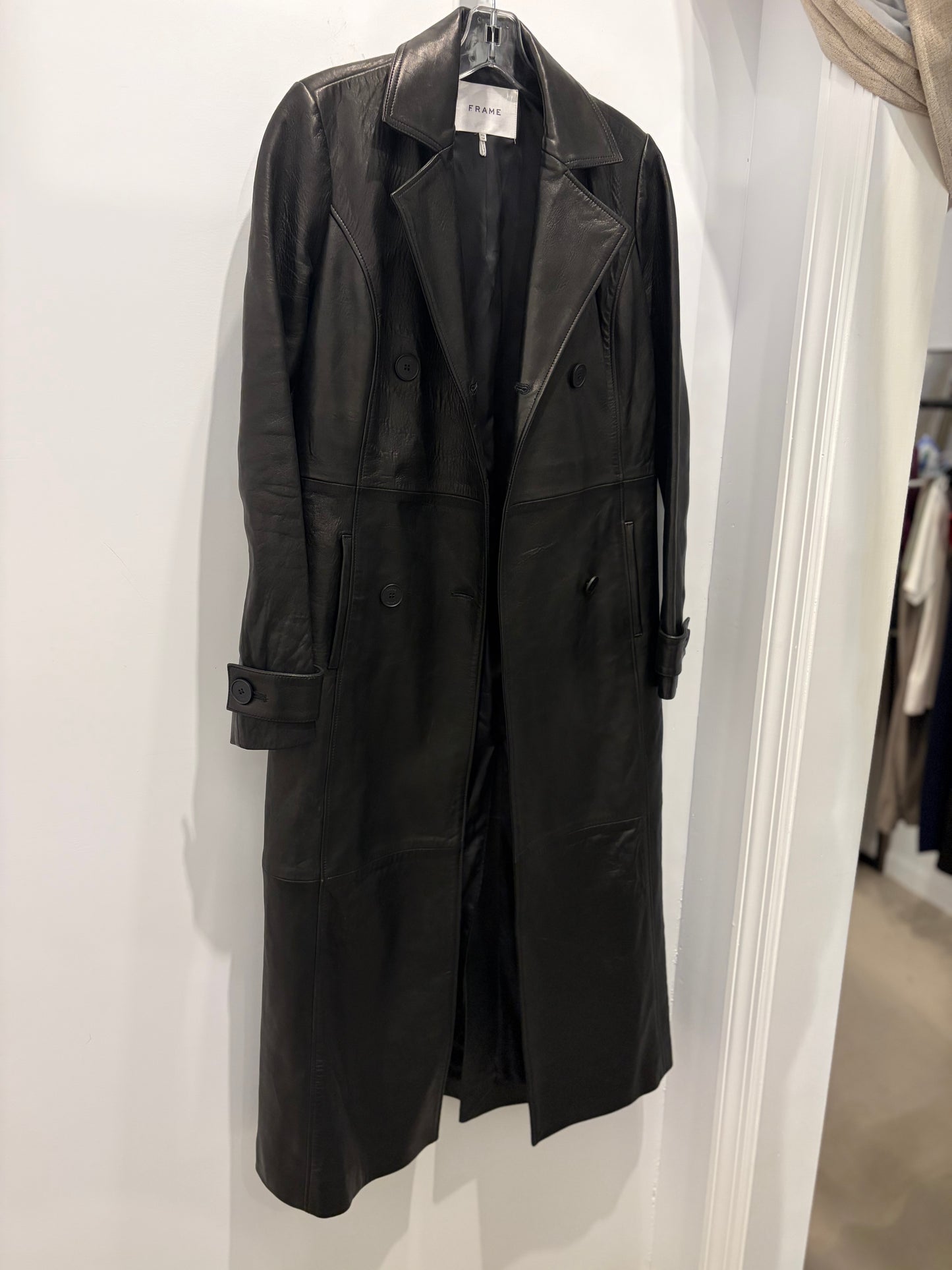 FRAME Black Leather Double Breasted Long Trench Coat - XS (see condition)
