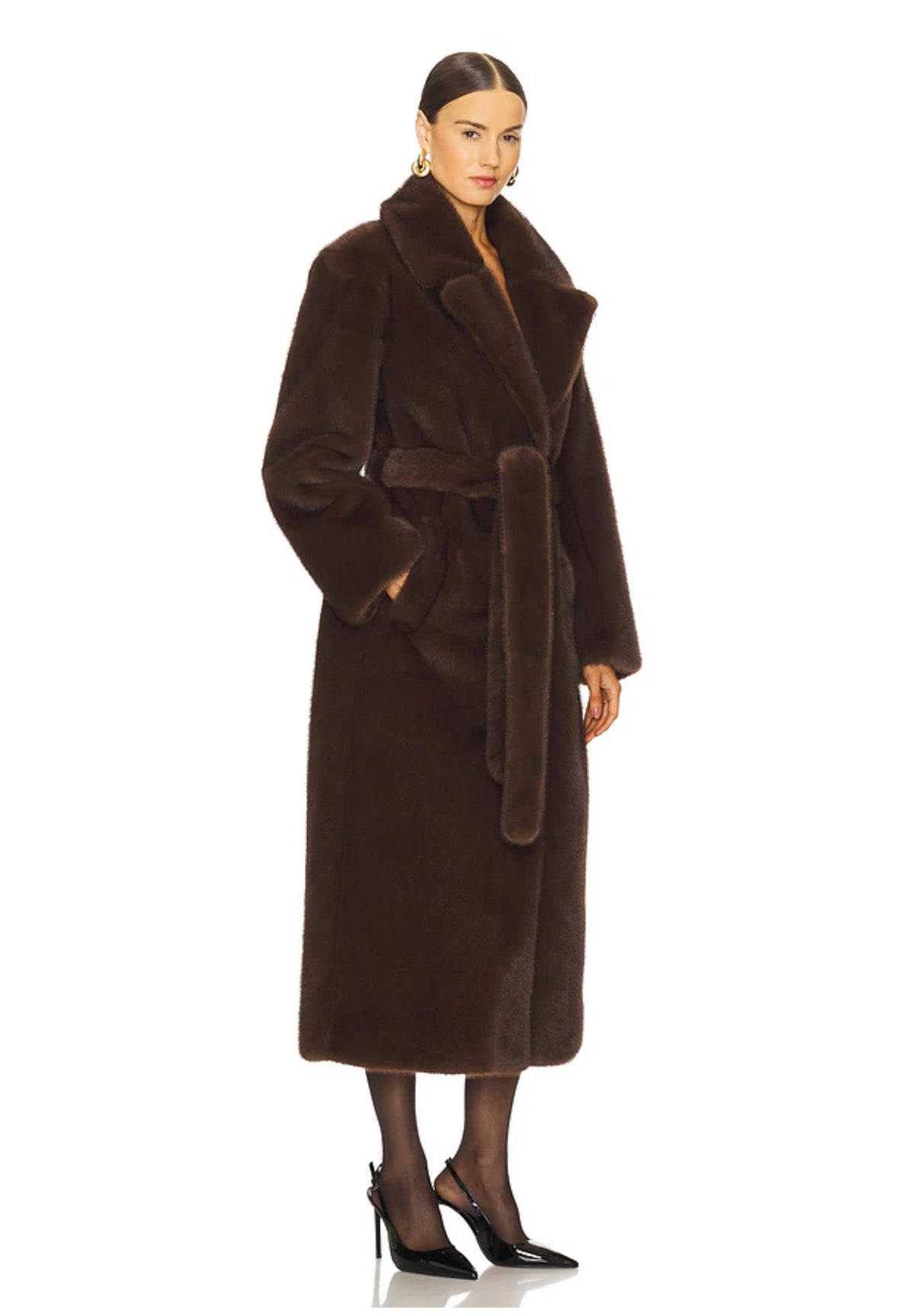 REISS Chocolate Brown Faux-Fur Belted Coat - Size 0